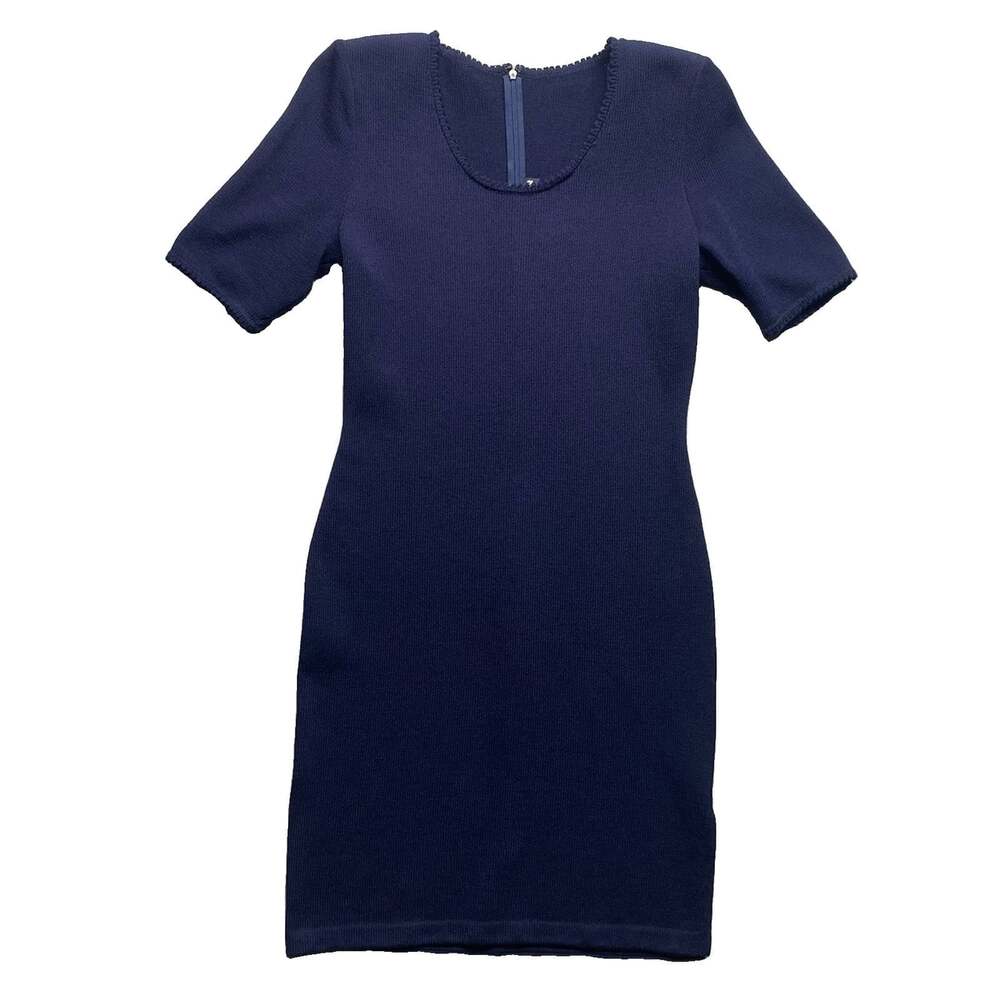 St John Knit Dress Size 2 Navy Blue Short Sleeve Scoop Neck Ribbed Bodycon Mini